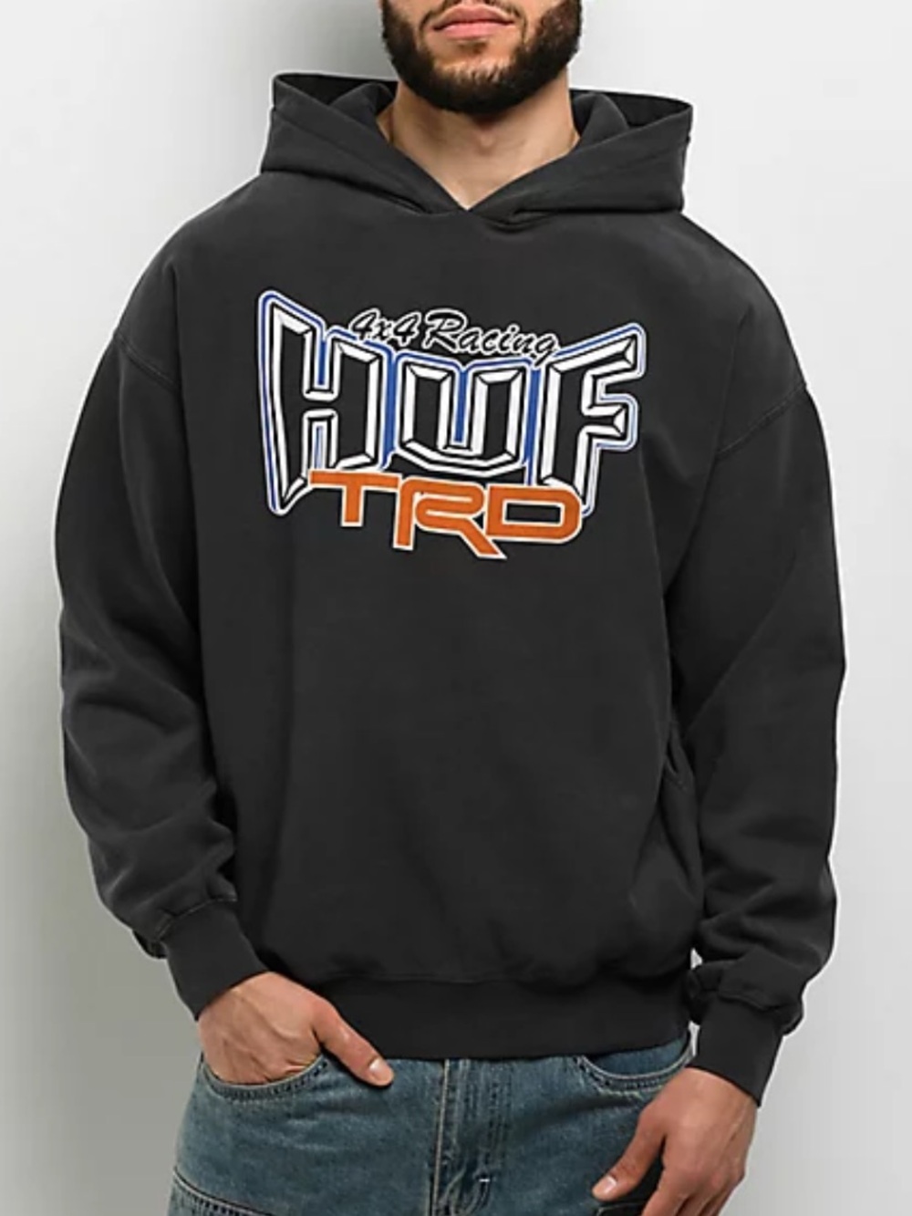 Zumiez Black Hoodie with Blue-Outlined White HUF and Orange TRD Graphic